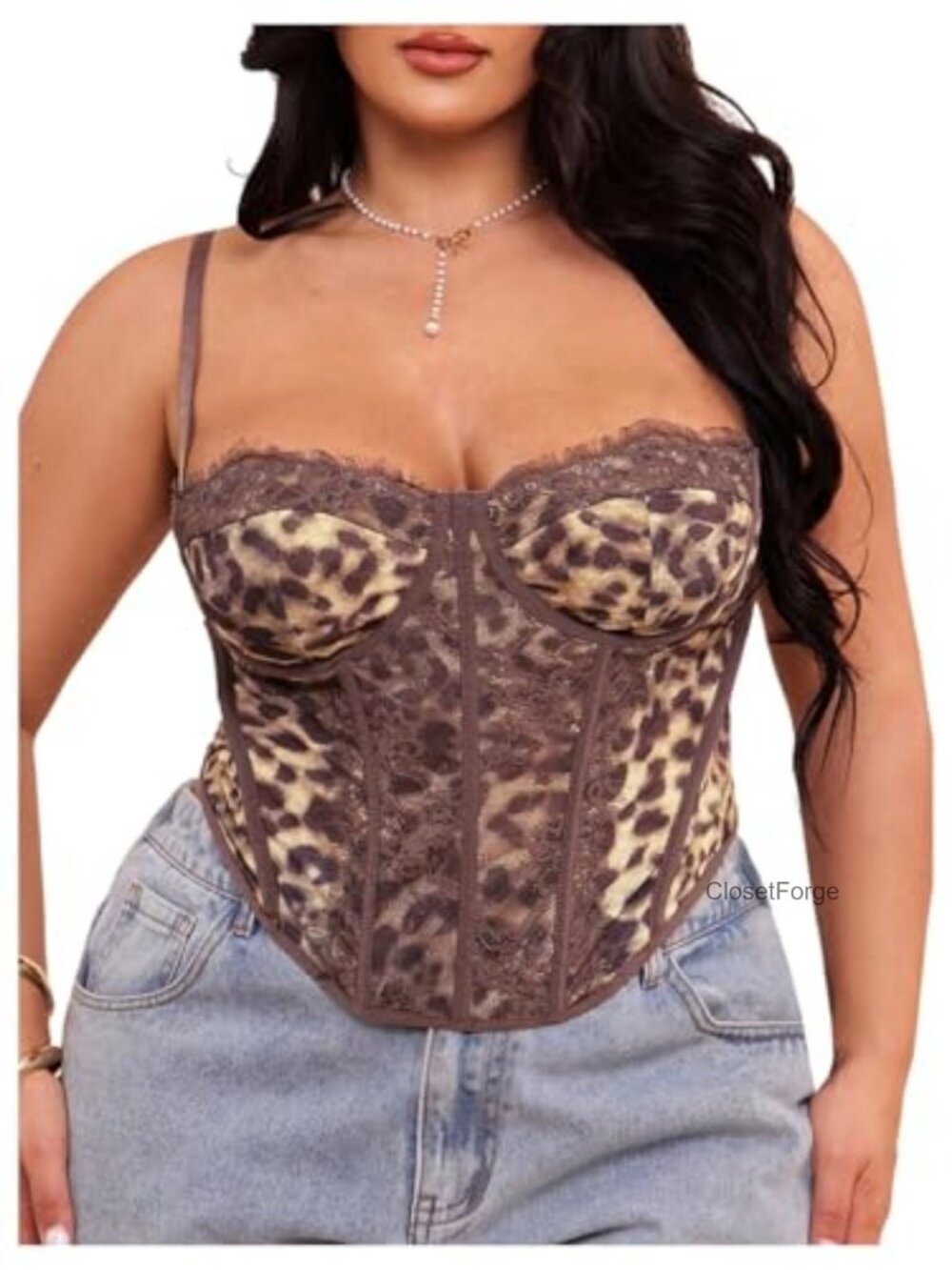 Plus Size Lace Leopard Corset Camisole Top Spaghetti Strap Clubwear